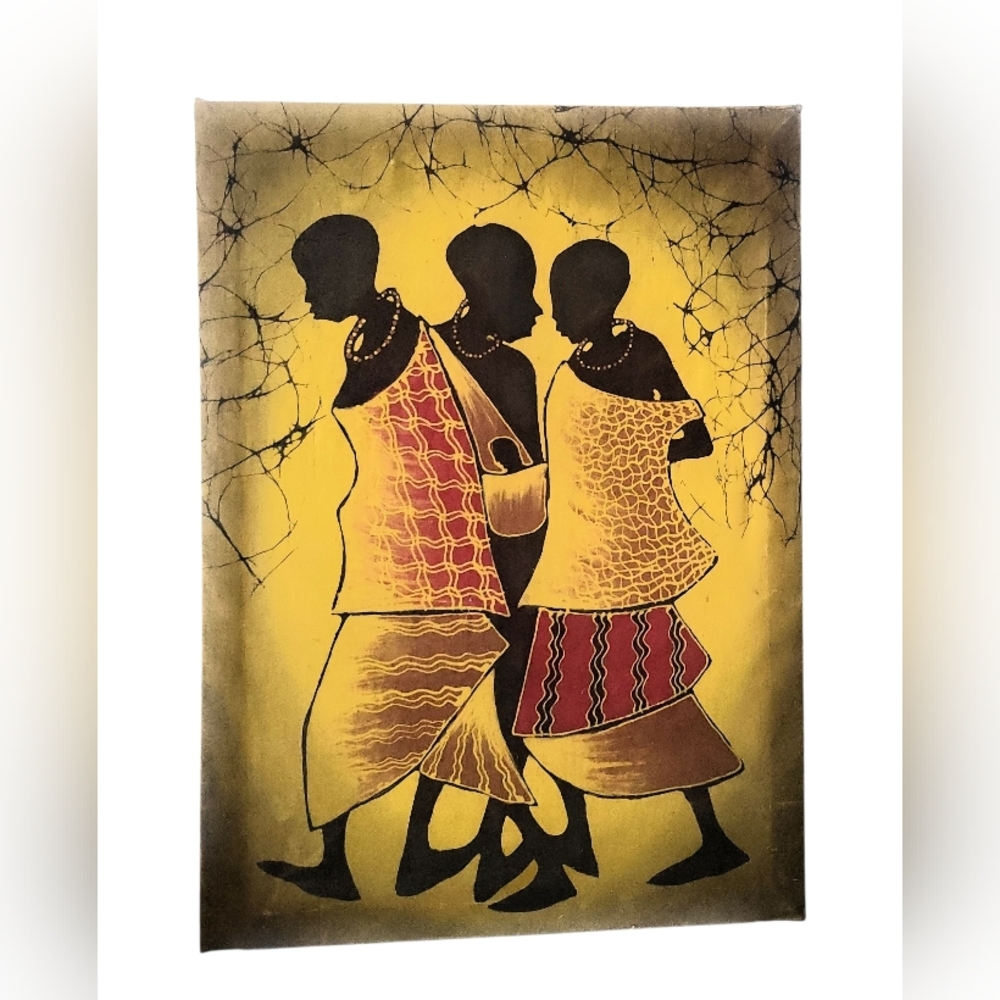 African Batik Art Depicting 3 Figures. 18 X 25 Inches